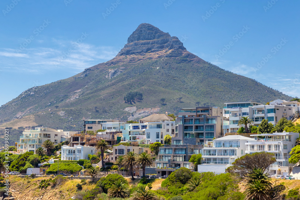 Lion's head mountain and apartment buildings on the coast of Cape Town