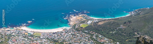Panoramic view of Camps Bay and Clifton beaches from Table Mountain top in Cape Town