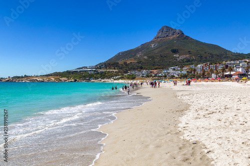 Camps bay beautiful beach with turquoise water and mountains in Cape Town, South Africa