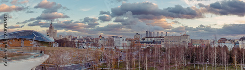 Photography Panorama of Moscow city center with birch trees in the park and old buildings in