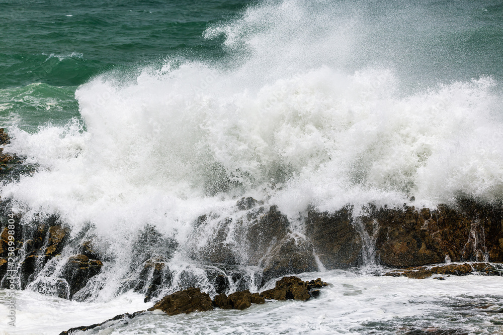 Huge wave crashing rocky coastline in Hermanus, South Africa