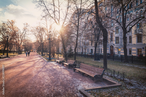 Gogol boulevard - walking street in Moscow city center in early winter on a sunny day