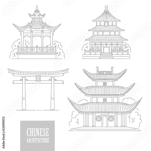 Vector set Chinese architectural landmarks. Oriental architecture black white line art gate pagoda and gazebo different traditional national buildings of China.