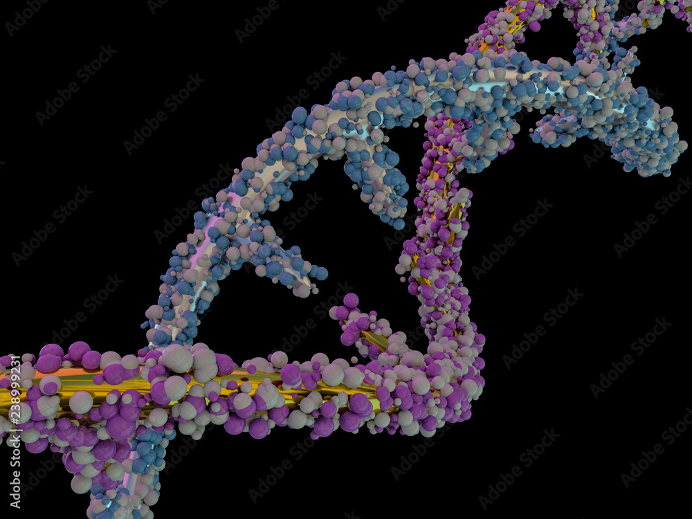 DNA molecule is located in front of a black background. Abstract collage. 3D