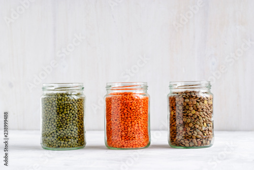 Dried Mung beans, and lentils in glass jars