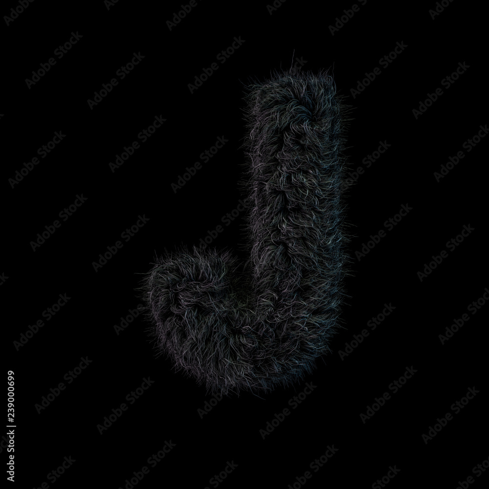 Uppercase fluffy and furry black font. Letter J. 3D Uppercase fluffy and furry black font. Letter J. 3D