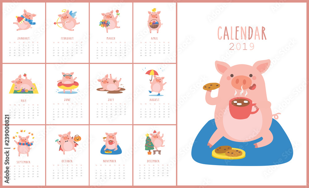 Calendar 2019 with cute pig in different situations. Symbol of the year in the Chinese 2019. Week starts on monday. Vector illustration Calendar 2019 with cute pig in different situations. Symbol of the year in the Chinese 2019. Week starts on monday. Vector illustration