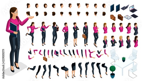 Large isometric Set of gestures of hands and feet of a woman 3d business lady. Create your own isometric character in stylish clothes, an office worker for vector