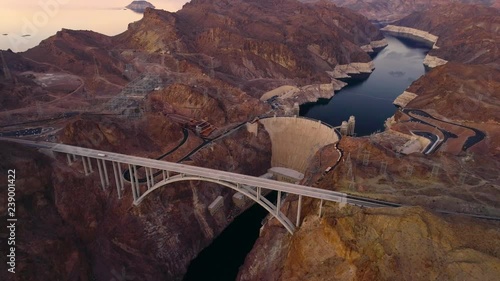 Hoover Dam Flying over helicopter drone Nevada USA Evening aerial view