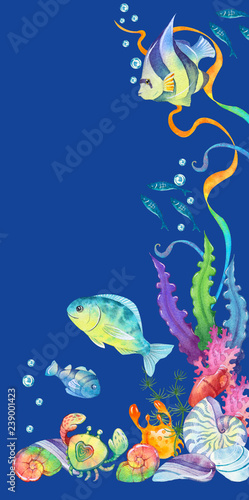 painted watercolor illustration of a coral reef  underwater  sea  fish  aquarium.