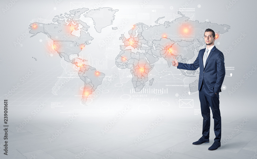Businessman in dark suit hitchhike to business trip in a front of a map with destination Businessman in dark suit hitchhike to business trip in a front of a map with destination