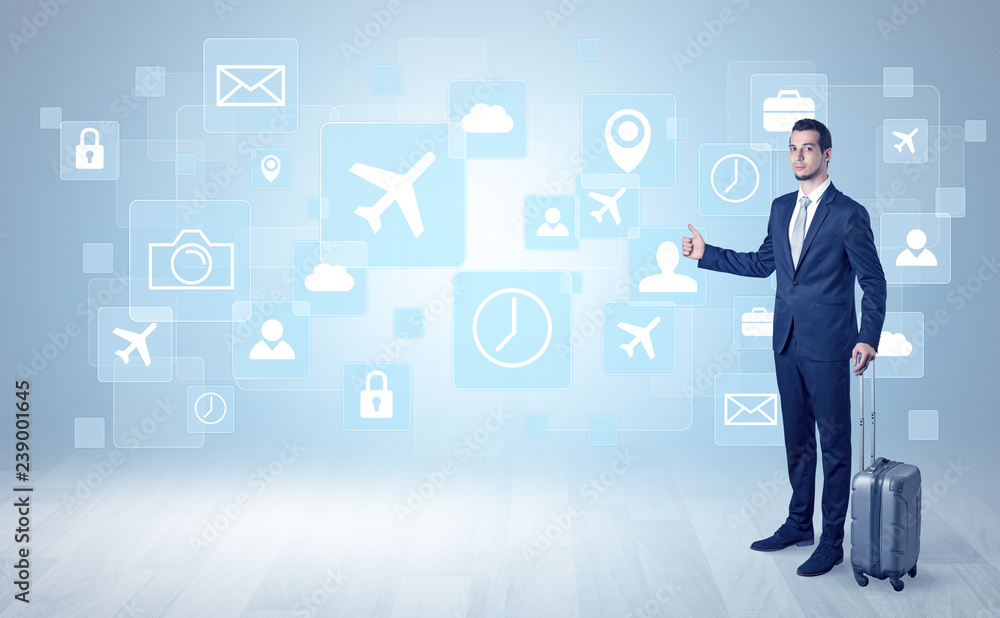 Businessman departs to a business trip with social media and travel symbol concept
Businessman departs to a business trip with social media and travel symbol concept