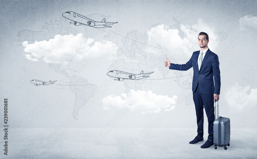 Businessman hitchhiking with flying airplanes cloud and map concept
Businessman hitchhiking with flying airplanes cloud and map concept