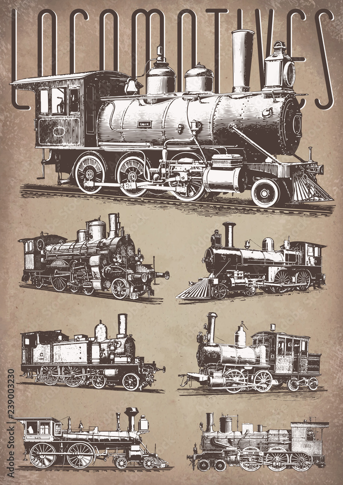 Locomotives engine vintage railway set #vector #isolated - Lokomotiven Dampflokomotive Eisenbahn