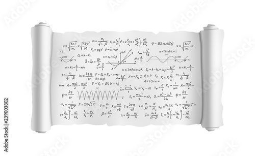 White scroll with lot of hand-drawn complicated scientific formulas and calculations, blueprint plan on white