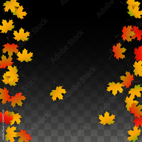 September Vector Background with Golden Falling Leaves. Autumn Illustration with Maple Red, Orange, Yellow Foliage. Isolated Leaf on Transparent Background. Bright Swirl. Suitable for Posters.