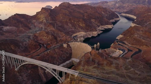 Hoover Dam Flying over helicopter drone Nevada USA Evening aerial view