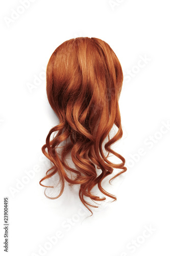 Natural wavy henna hair on white background. Woman's head back view