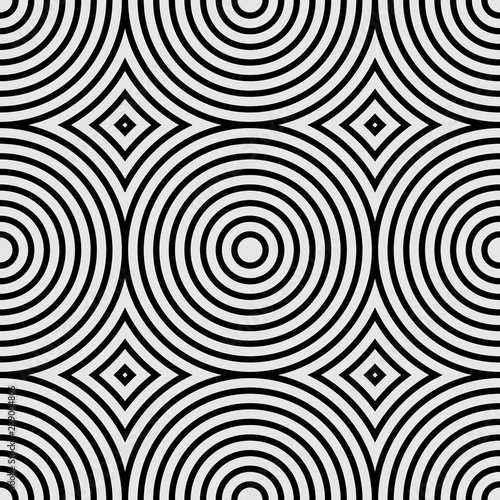 Seamless geometric pattern with concentric circles and rhombuses. Black and white vector illustration.