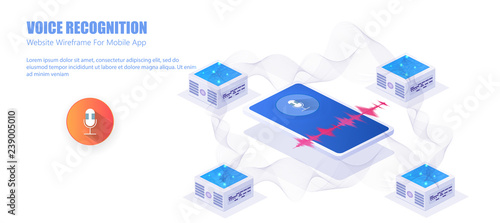 Voice recognition. 	 Voice assistant modern concept. Equalizer sound waves on the smart phone and on the smart speaker. Landing page with Personal assistant concept. Vector illustration.