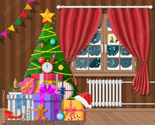 Interior of room with christmas tree and gifts. Happy new year decoration. Merry christmas holiday. New year and xmas celebration. Vector illustration flat style