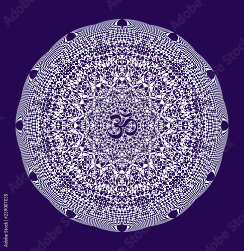 White mandala with aum / ohm / om sign in the center on a blue background. Vector openwork delicate drawing. Spiritual symbol and background.