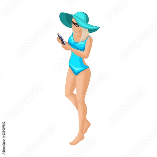 Trendy isometric vector people, 3d girl blonde in blue bathing suit, in hat and glasses is walking along the beach vector illustration