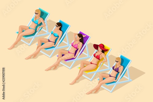 Trendy isometric vector people, 3d girls on a sandy beach, on deckchairs sunbathing. Set of girls in different swimwear for beach vector illustration