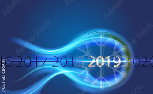 Background silvery inscription Happy new year 2019 with abstract bokeh with snowflake and blizzard flare pattern in vintage blue color background