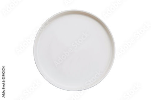 Isolated top view of white empty plate on white background.