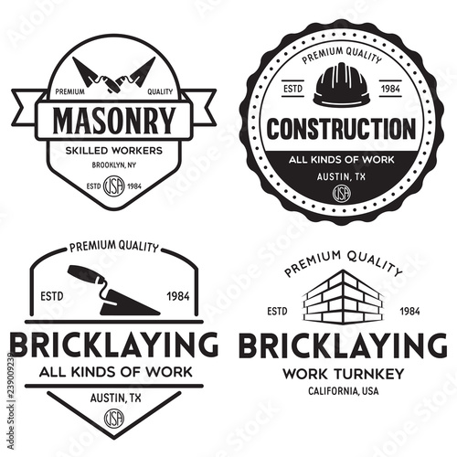 Set of vintage construction and bricklaying labels. Posters, stamps, banners and design elements. Vector illustration