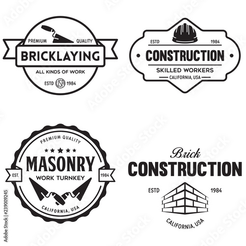 Set of vintage construction and bricklaying labels. Posters, stamps, banners and design elements. Vector illustration