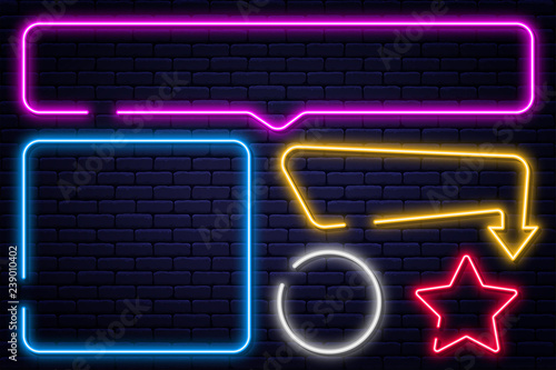 Set of neon signs, arrow, rectangle, square, circle and star. Neon light frame, glowing bulb banner