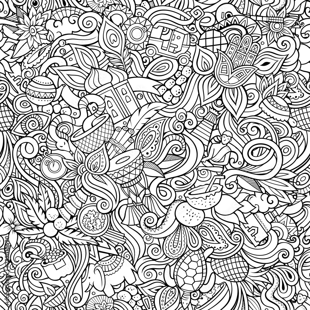 India culture hand drawn doodles seamless pattern. Indian background