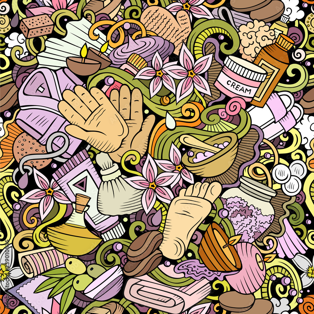 Obraz premium Massage hand drawn doodles seamless pattern. Spa therapy background