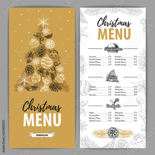 Hand drawing Christmas holiday menu design. Restaurant menu