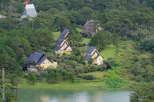 luxury resort next to the lake in pine forest with fresh air, nature, relaxing at dawn. Photo taken in Dalat, Vietnam