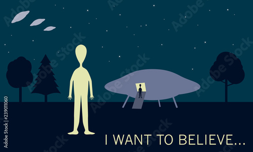 "I want to belive". Aliens and extraterrestrial spacecraft visit our planet. Classic poster. 