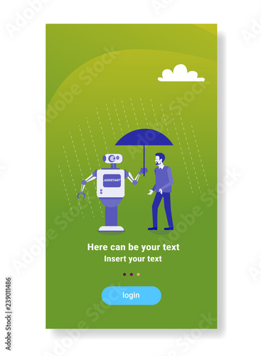 modern robot holding umbrella over businessman protection artificial intelligence mechanism technology assistant concept flat vertical copy space