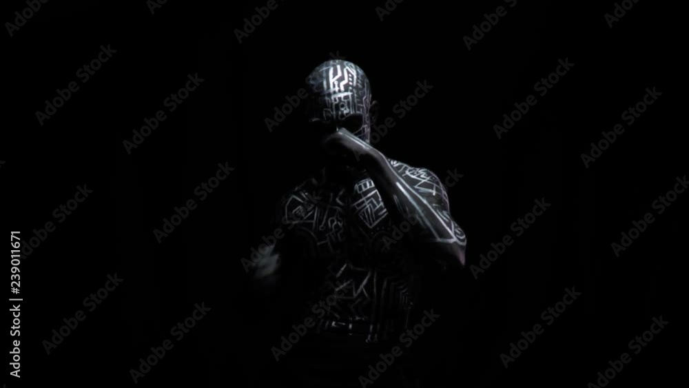 Creepy character with white lines on his body, throws punches, 4k Creepy character with white lines on his body, throws punches, 4k