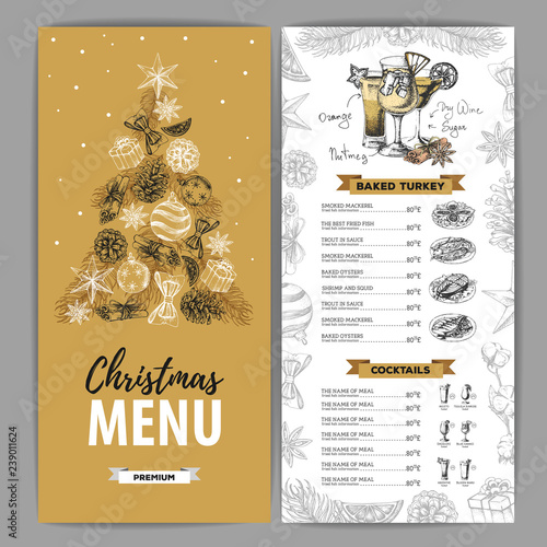 Hand drawing Christmas holiday menu design. Restaurant menu