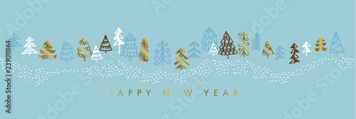 Hand drawn blue and gold Christmas tree