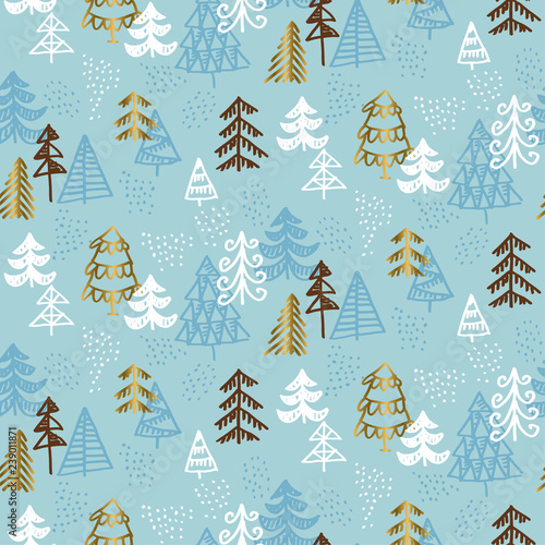 Hand drawn Christmas tree seamless naive pattern
