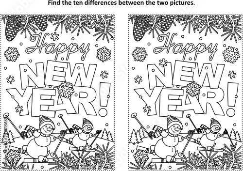 Happy New Year greeting find the ten differences picture puzzle and coloring page with greeting text, winter scene, skiing snowmen
