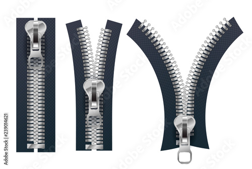 Set of different metallic fasteners, open and closed zippers on white