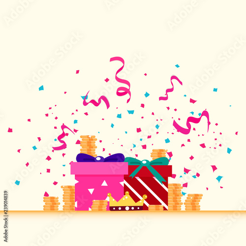 Gifts, treasures and king crown award, using for celebration party festival with confetti paper explosion and gold money shine abstract background vector illustration