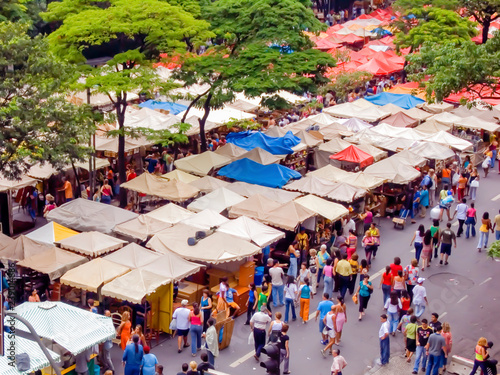 View from top of a craft fair with colored tents in the city center of Belo Horizonte.