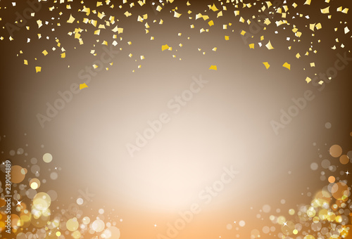 Gold confetti, paper falling reward with blurry bubble air shiny celebration event concept abstract background vector illustration