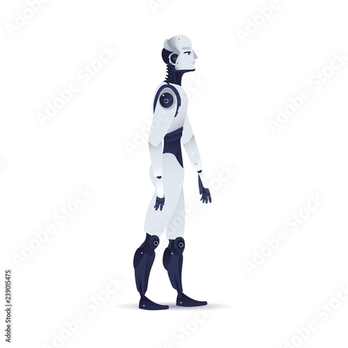 Robot cybernetic organism vector illustration - side view of male cyborg with artificial intelligence in flat gradient style isolated on white background. Metallic humanoid robot walking forward.