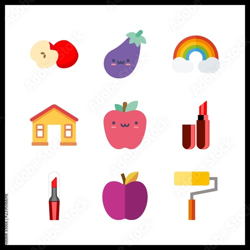 9 vibrant icon. Vector illustration vibrant set. paint roller and apple icons for vibrant works